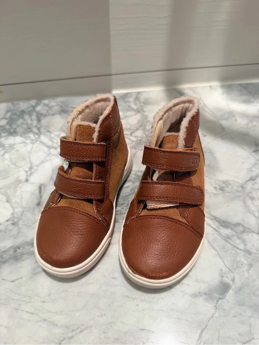 UGG Kids Rennon Chestnut Brown Shearling Velcro Sneaker Boots